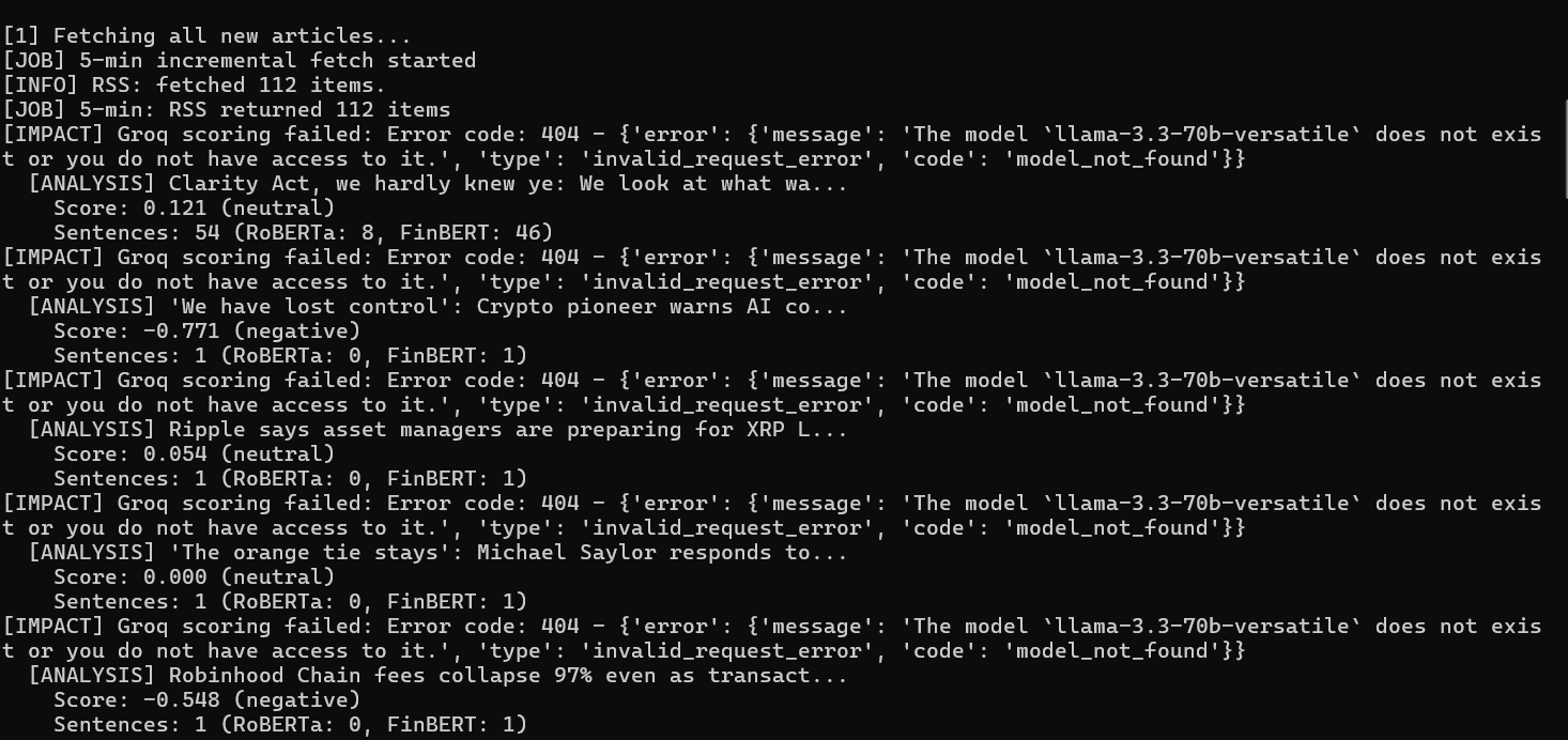 TradeM8 terminal output from scheduled article ingestion and sentiment analysis