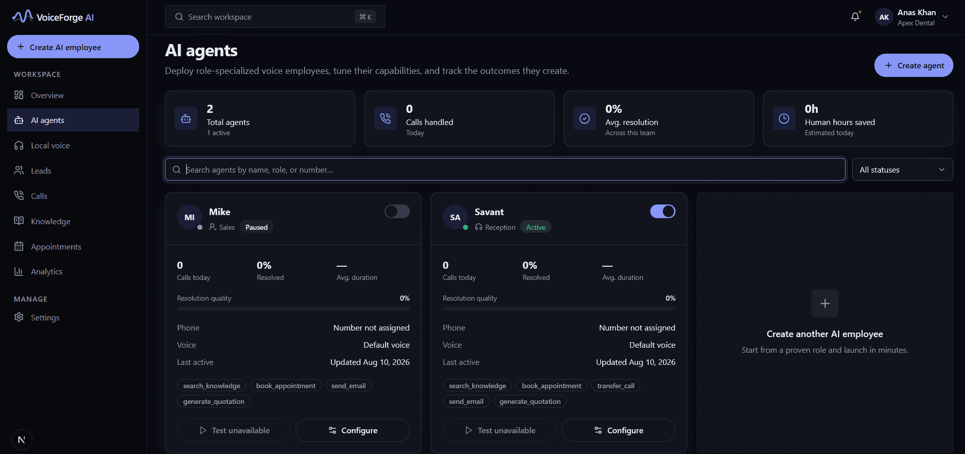 VoiceForge AI agents page with Mike and Savant, their roles, status and configuration controls