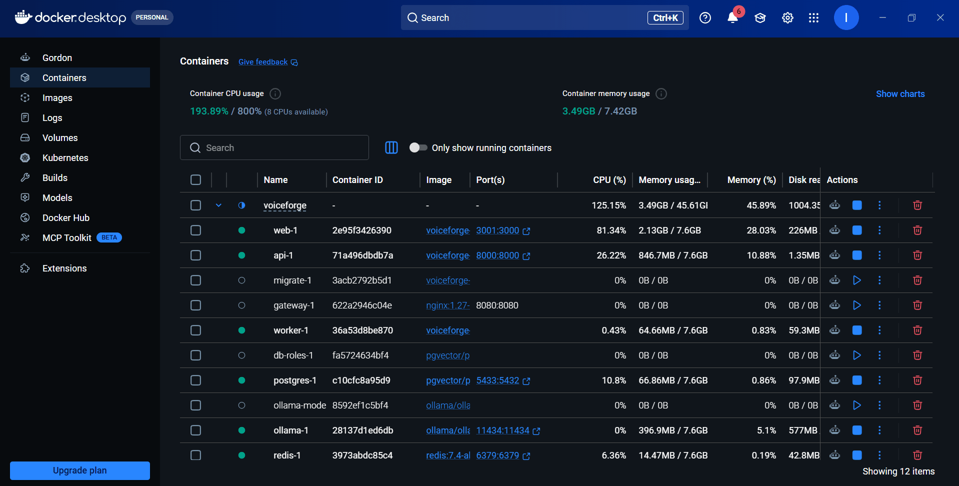 Docker Desktop showing the VoiceForge web, API, worker, PostgreSQL, Ollama and Redis services
