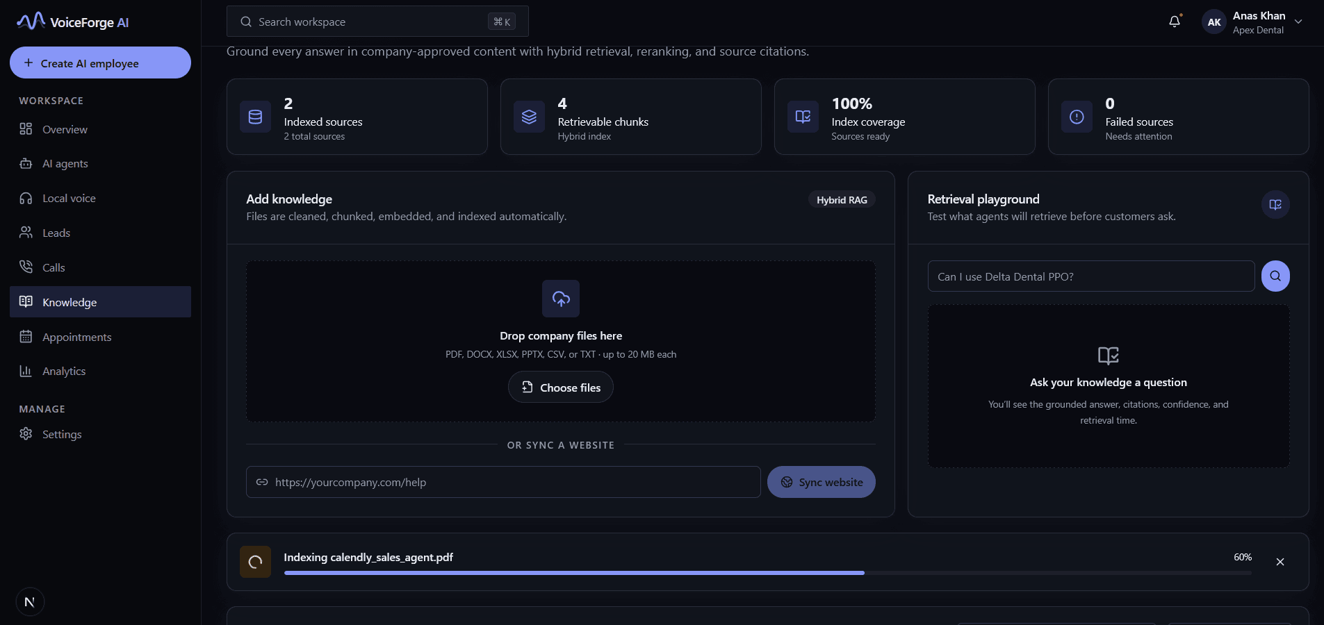 VoiceForge knowledge page with document upload, indexing progress and a retrieval playground