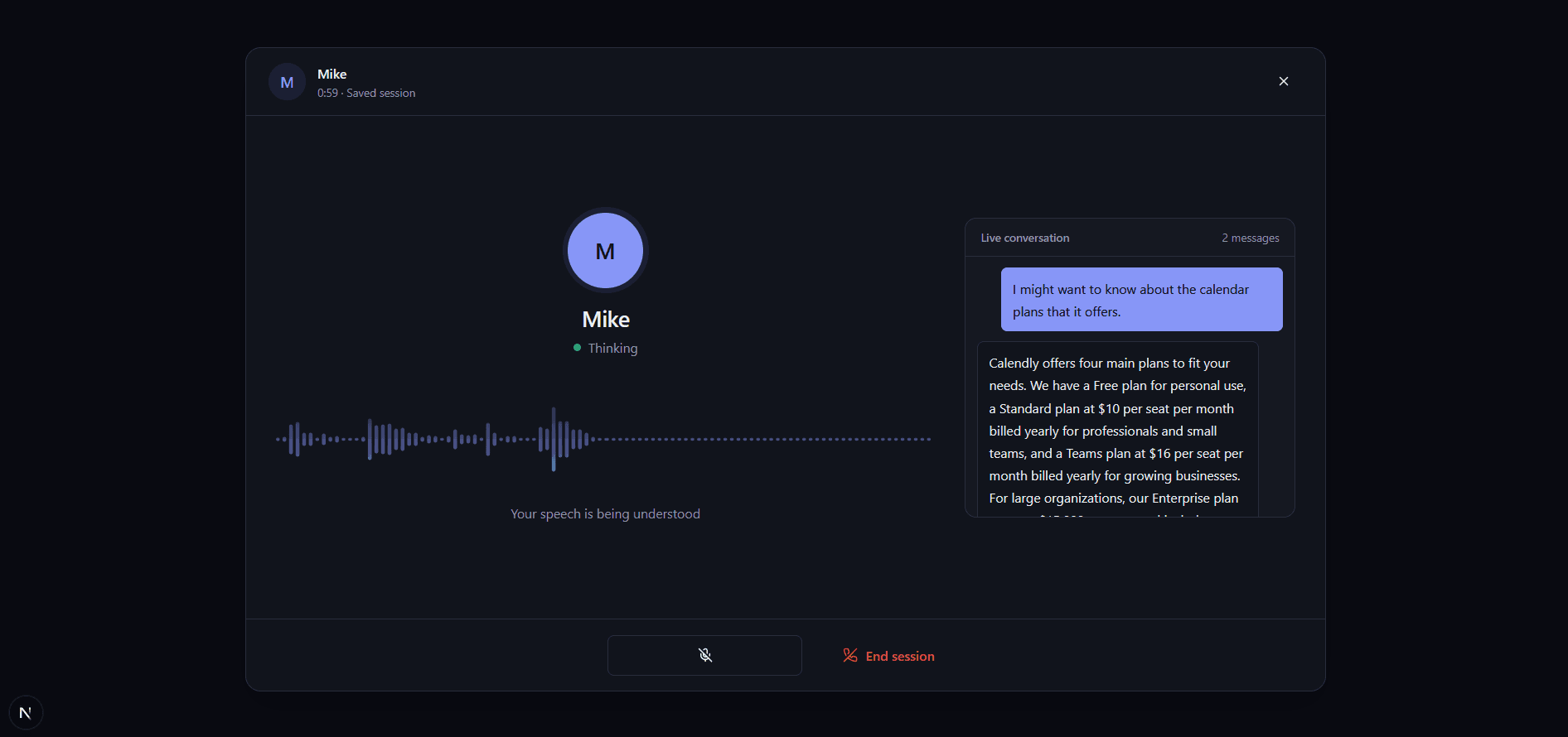 A browser voice session with Mike, showing a speech waveform and conversation transcript